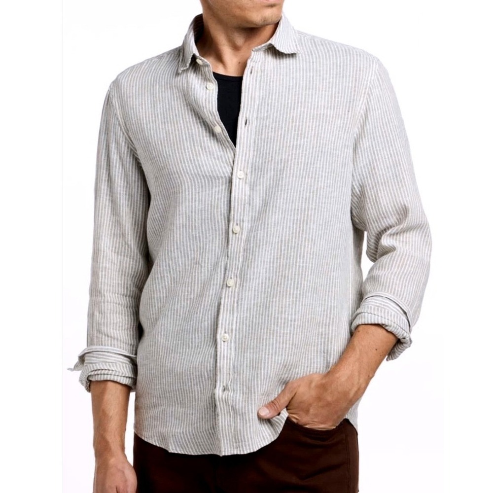 Casual Friday Button-Up Shirt Linen Blend Greige Stripe Long Sleeve Men's XL NWT